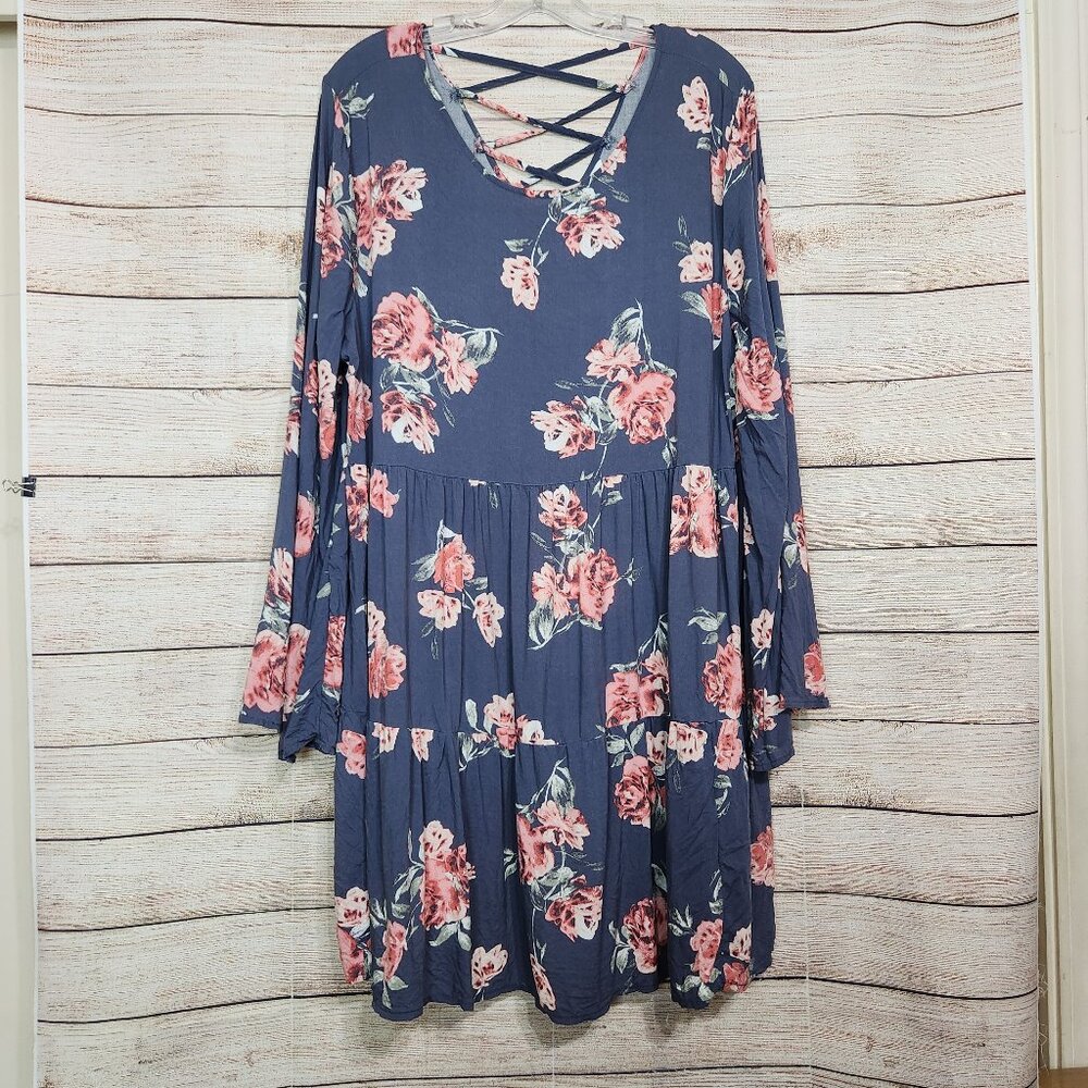 ARIZONA JEAN CO Gray Floral Rayon Long Sleeve Dress String Back Mini Size XXL